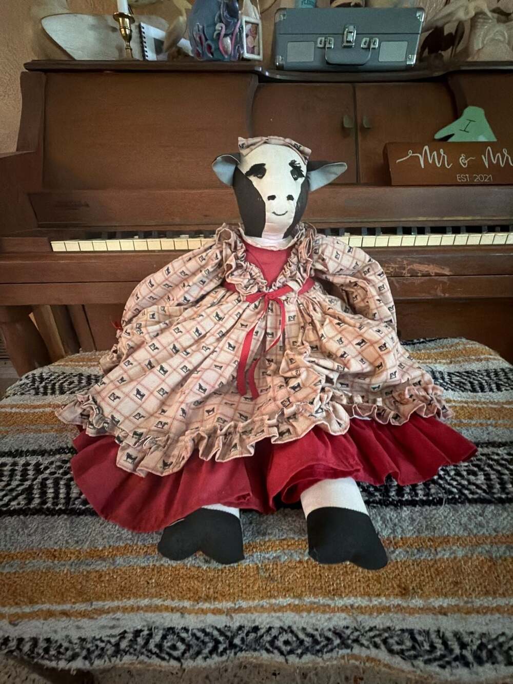 Vintage Handmade Primitive Country Cow Doll in Dress